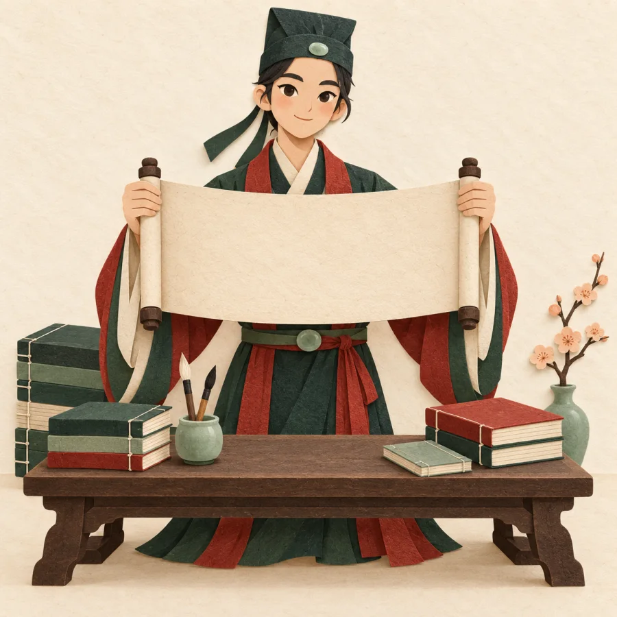 A scholar at a desk quoting from stacks of old classic books