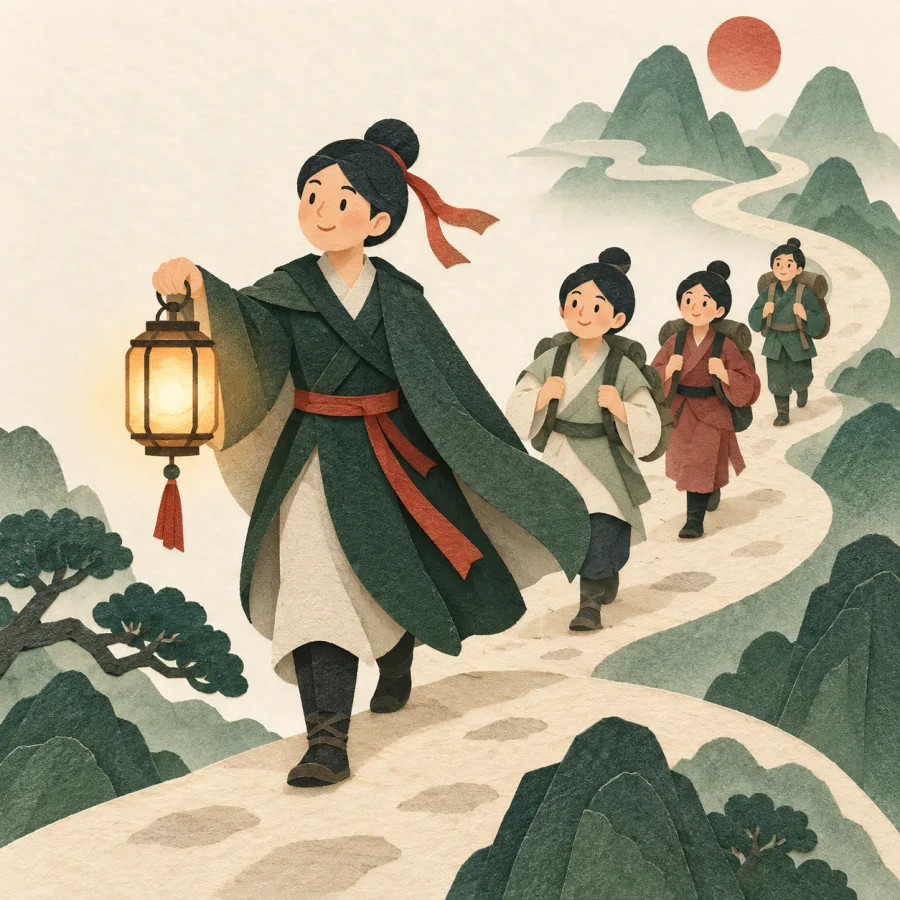 A guide with a lantern leading a line of people along a path