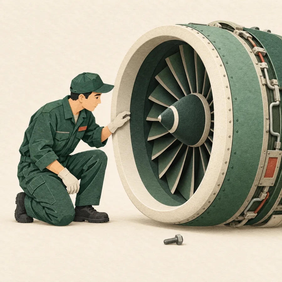 An engineer inspecting an aircraft engine with a loose part