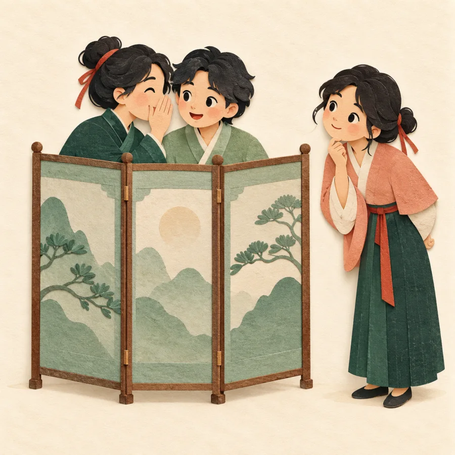 Two people whispering behind a screen while a third looks on
