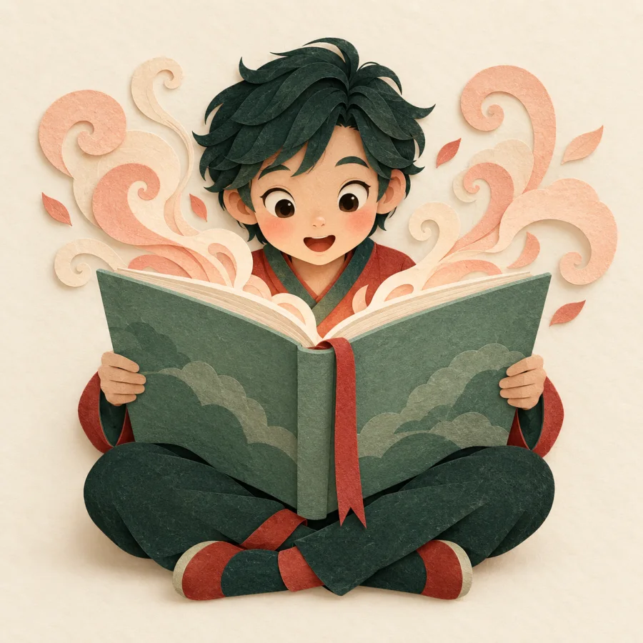 A reader absorbed in a large open book with a red bookmark