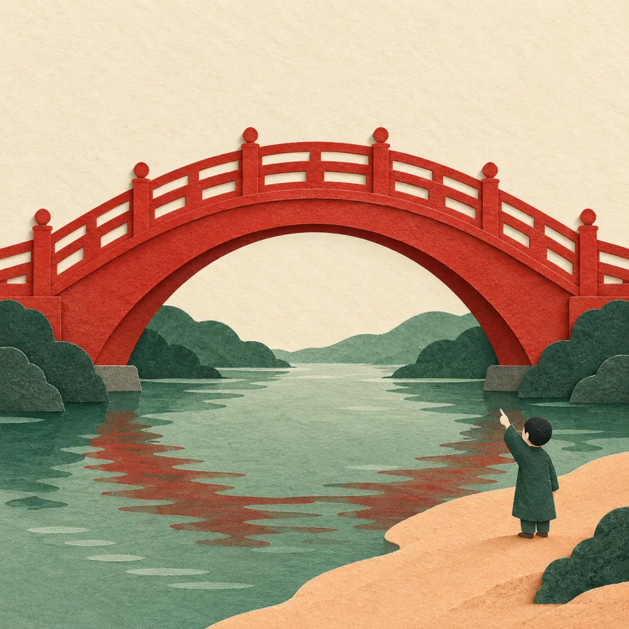 A red bridge stands out against a pale sky, a person points up