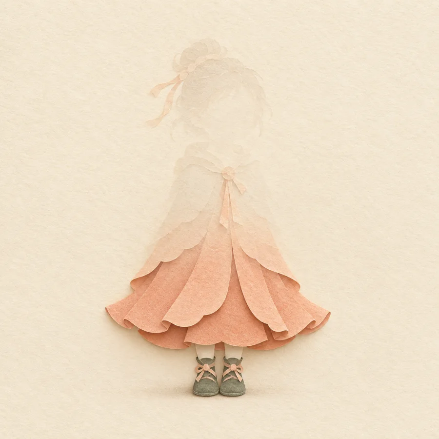 A child in a peach cloak seems to fade into a cream wall