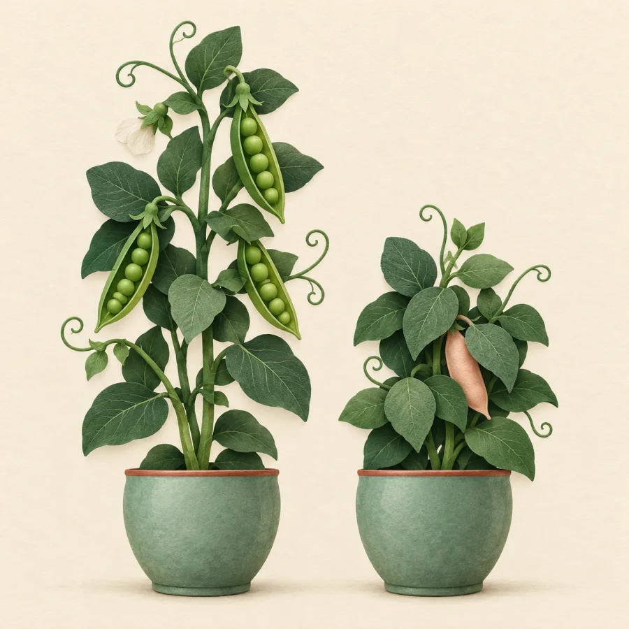 Two potted pea plants, one hiding a pale pod inside