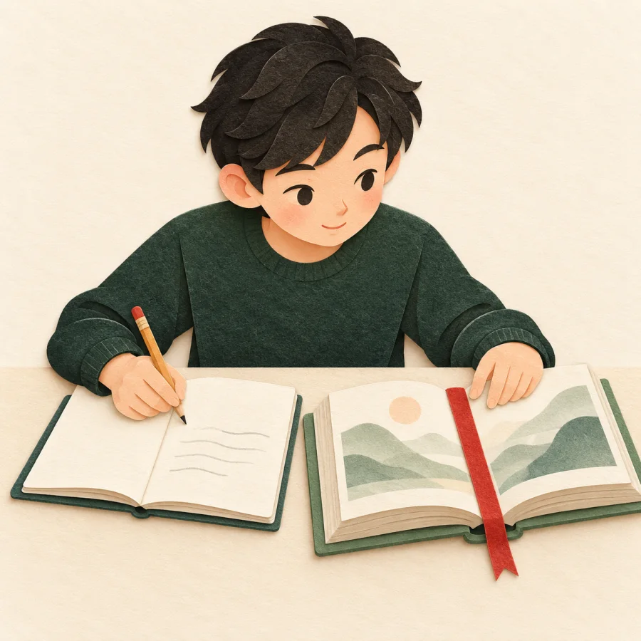 A student copies a passage from a green book into a notebook