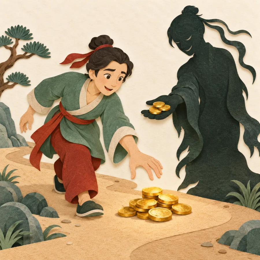 A person reaching toward a pile of shiny golden coins