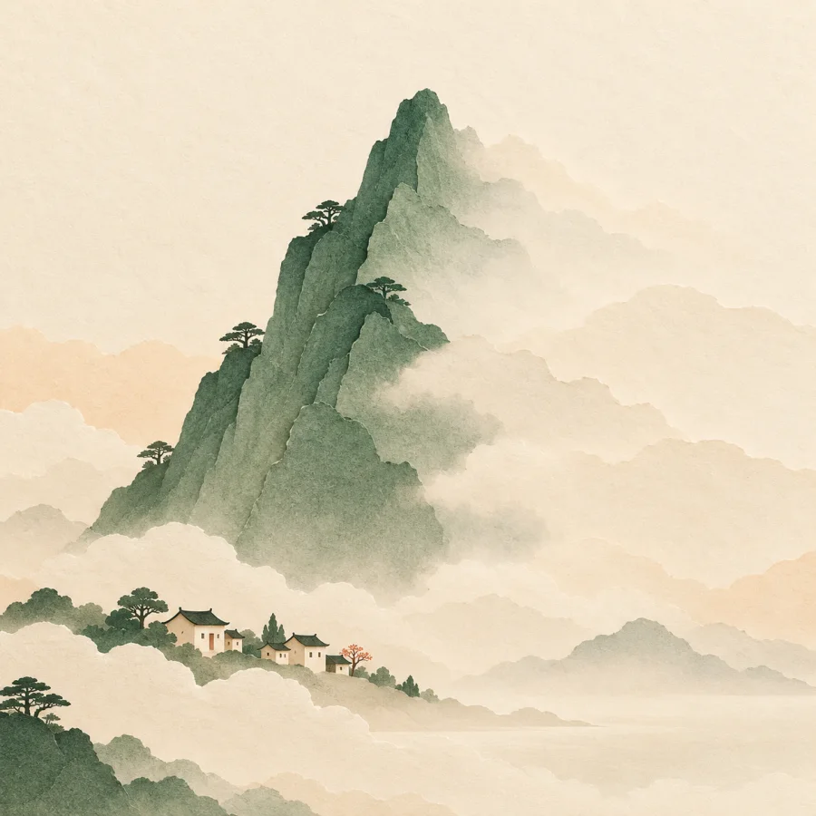 A mountain silhouette half hidden in mist above a village