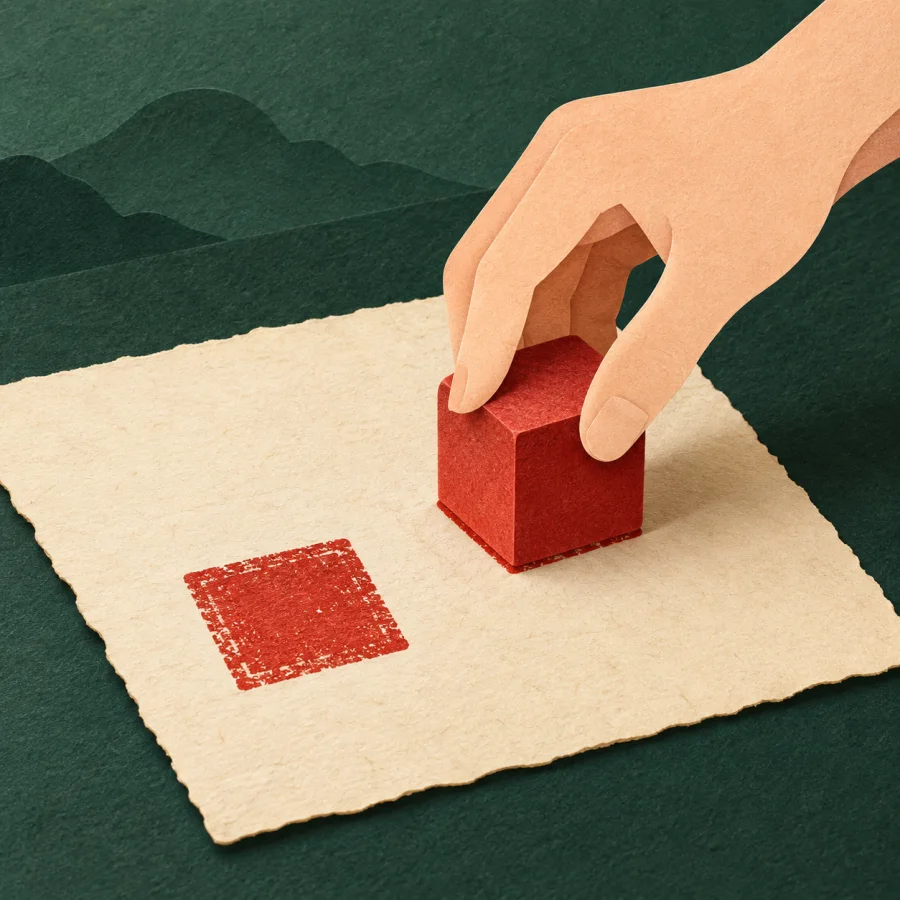 A hand pressing a red seal onto a paper document