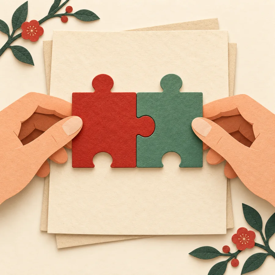Two hands fitting two matching puzzle pieces together