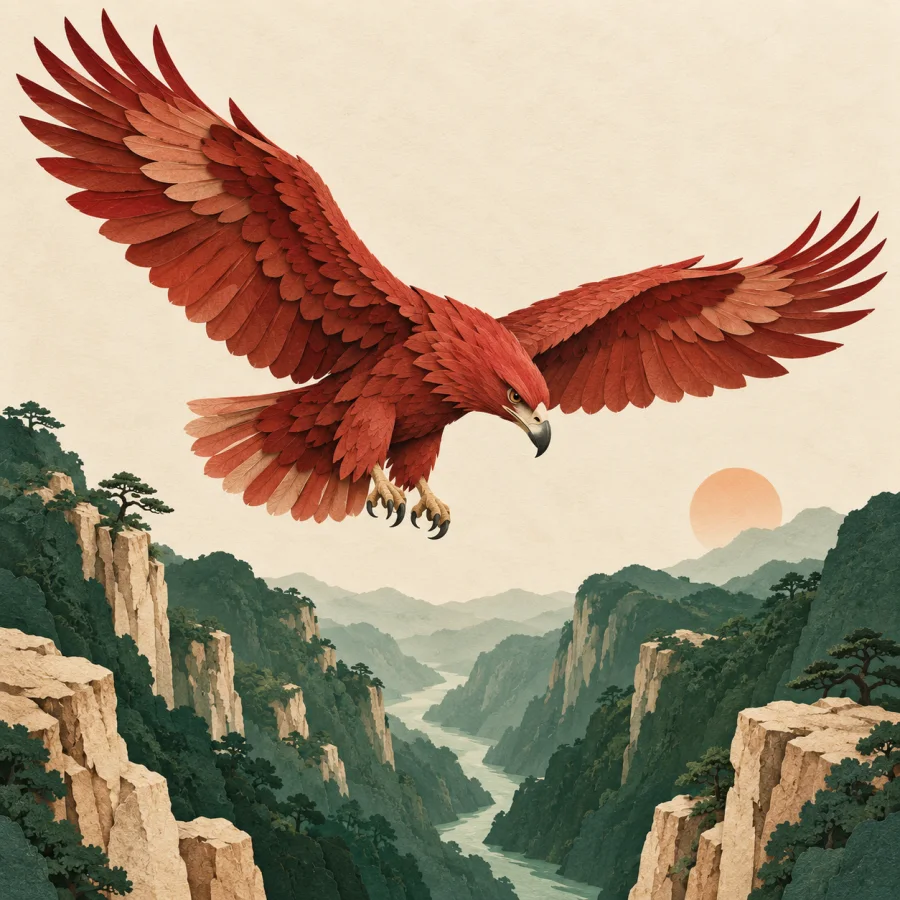 An eagle circling above a deep canyon