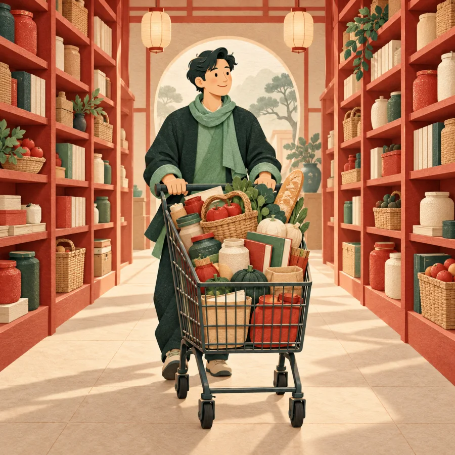 Shop shelves packed to the ceiling with goods, a shopper pushing a full cart.