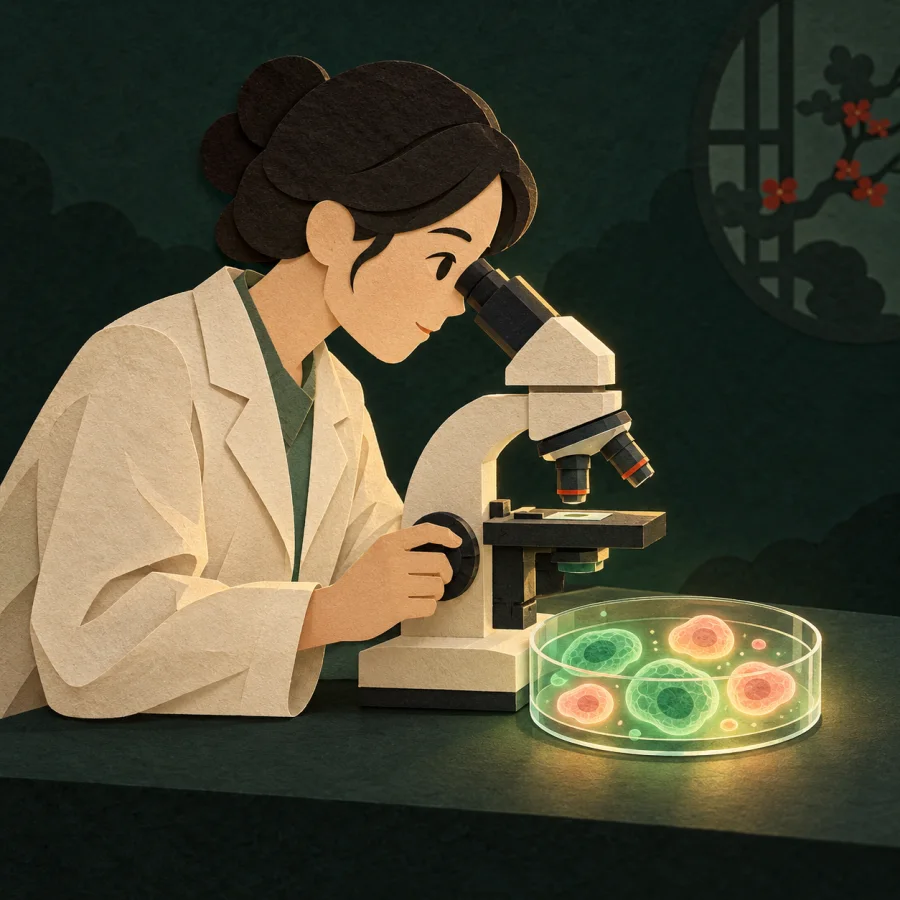 A scientist examines glowing cells under a microscope in a dim lab.