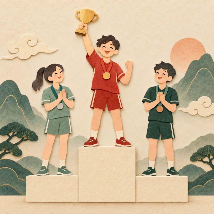A person holding a cup stands on a podium above two others