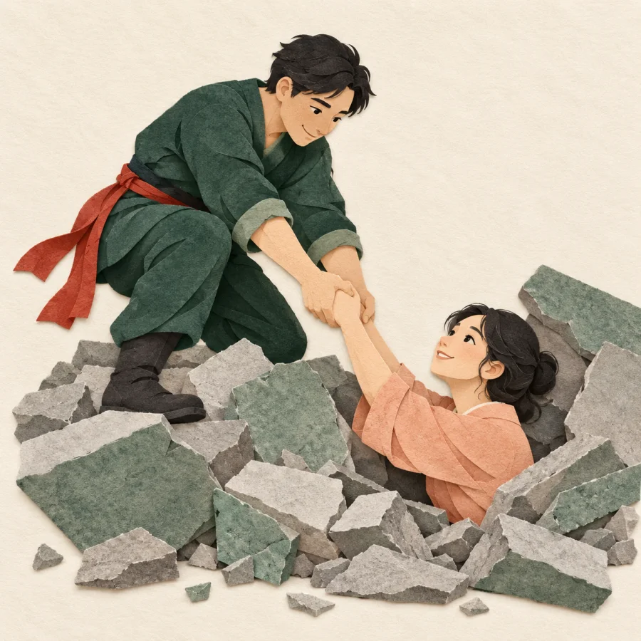 A rescuer reaches down to pull a person from under broken stones