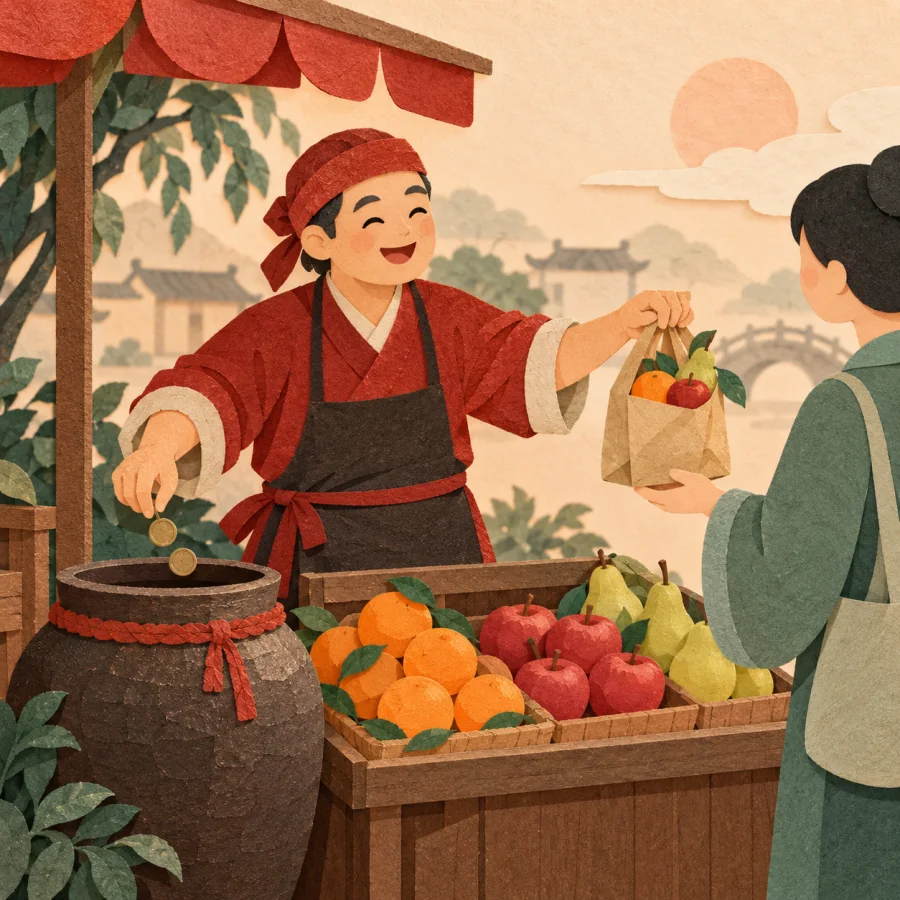 A vendor hands a customer fruit while collecting coins into a jar