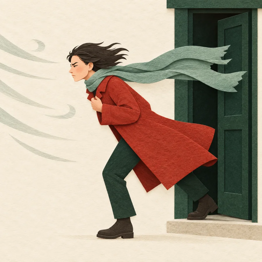 A person exits a doorway leaning forward into a strong wind