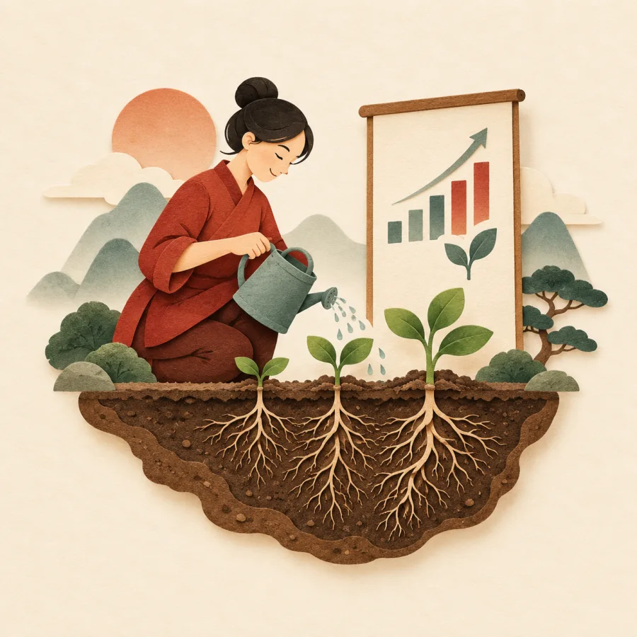 A person waters seedlings beside a screen showing a growing brand chart