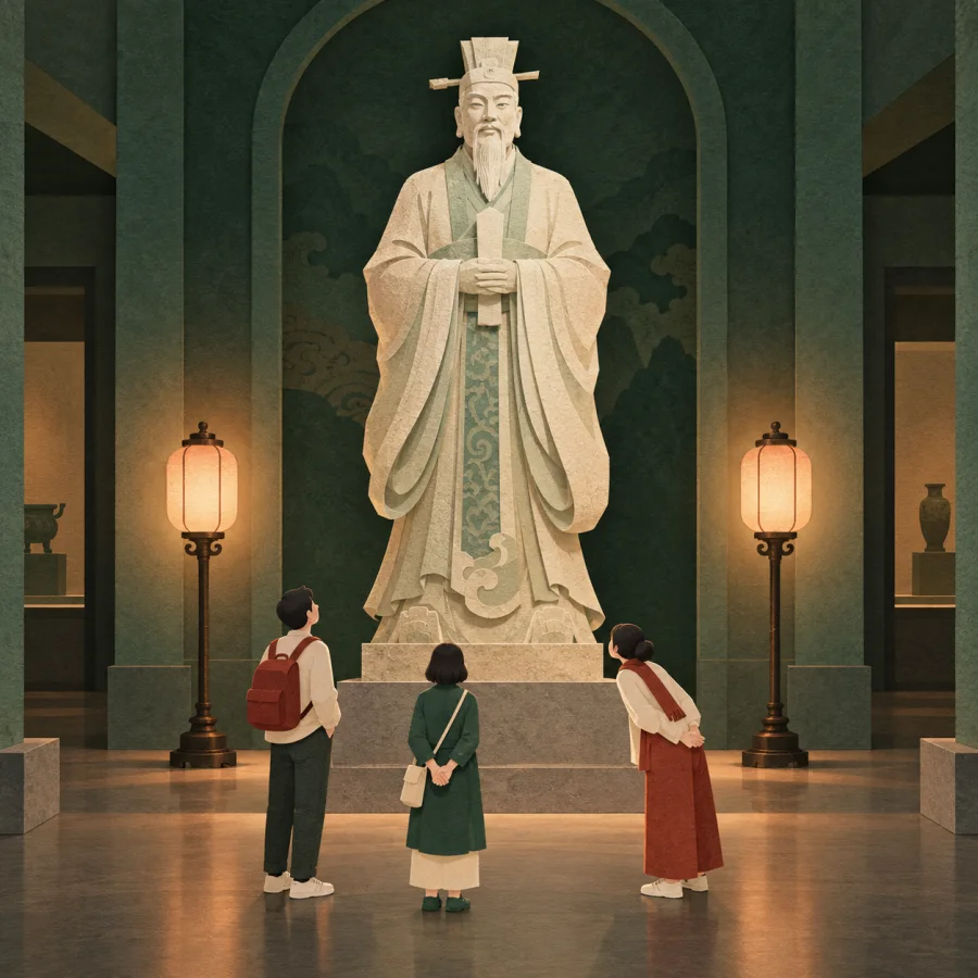 A museum hall with a statue, glowing lamps and visiting people