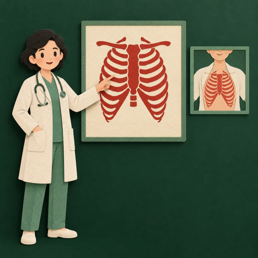 A doctor in white examines an X-ray image on a large screen