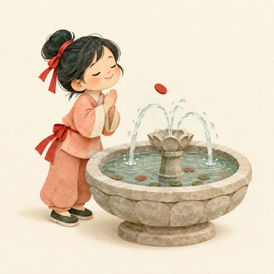 A child tosses a coin into a wishing fountain