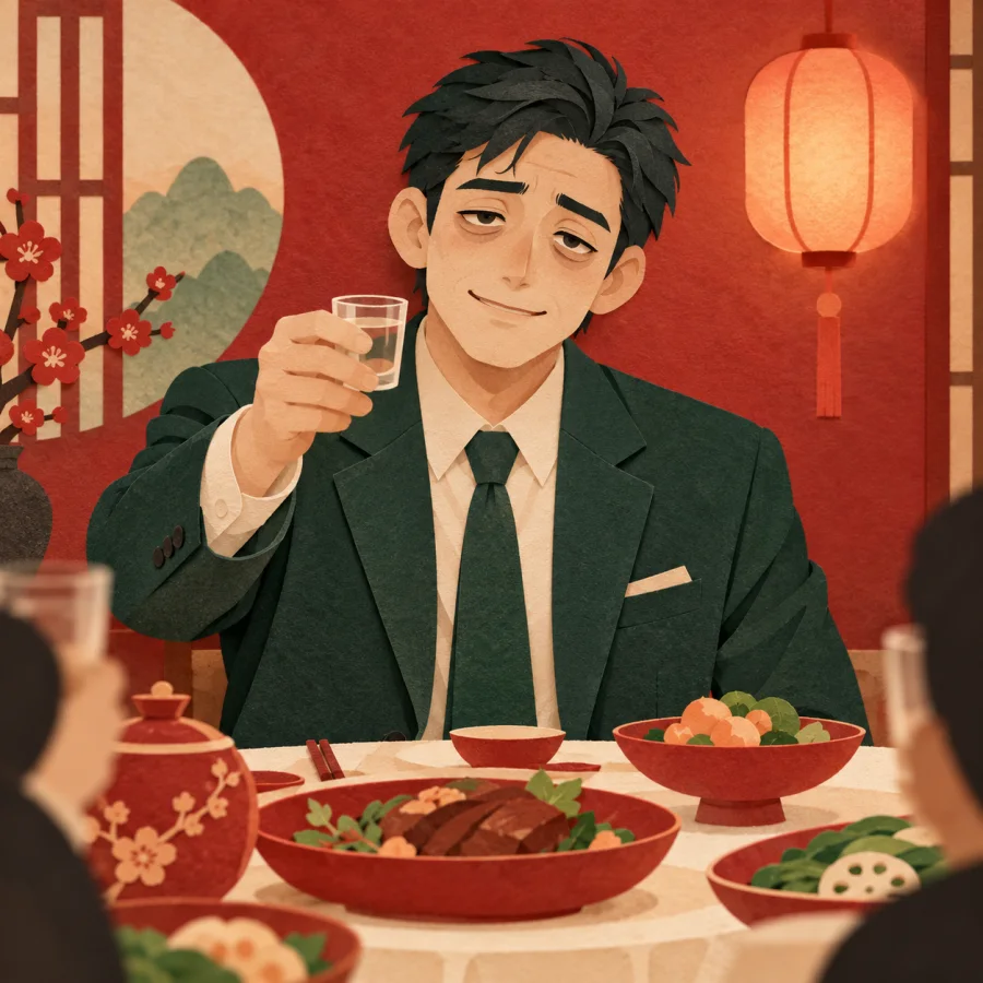 A tired businessman raises a glass at a banquet table