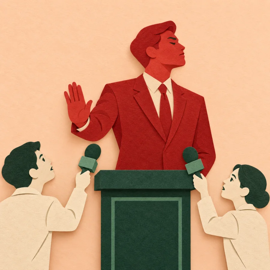 A speaker turns away from reporters raising microphones at a podium
