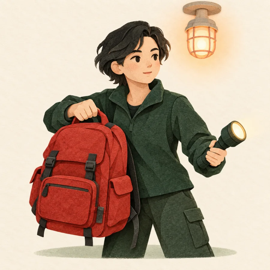 A person grabs an emergency backpack and flashlight under a caution lamp