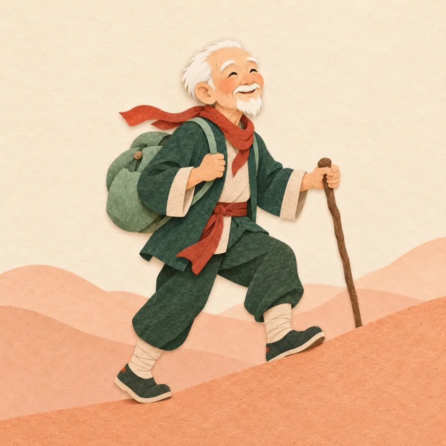 A sprightly elderly man with a cane strides up a hill path