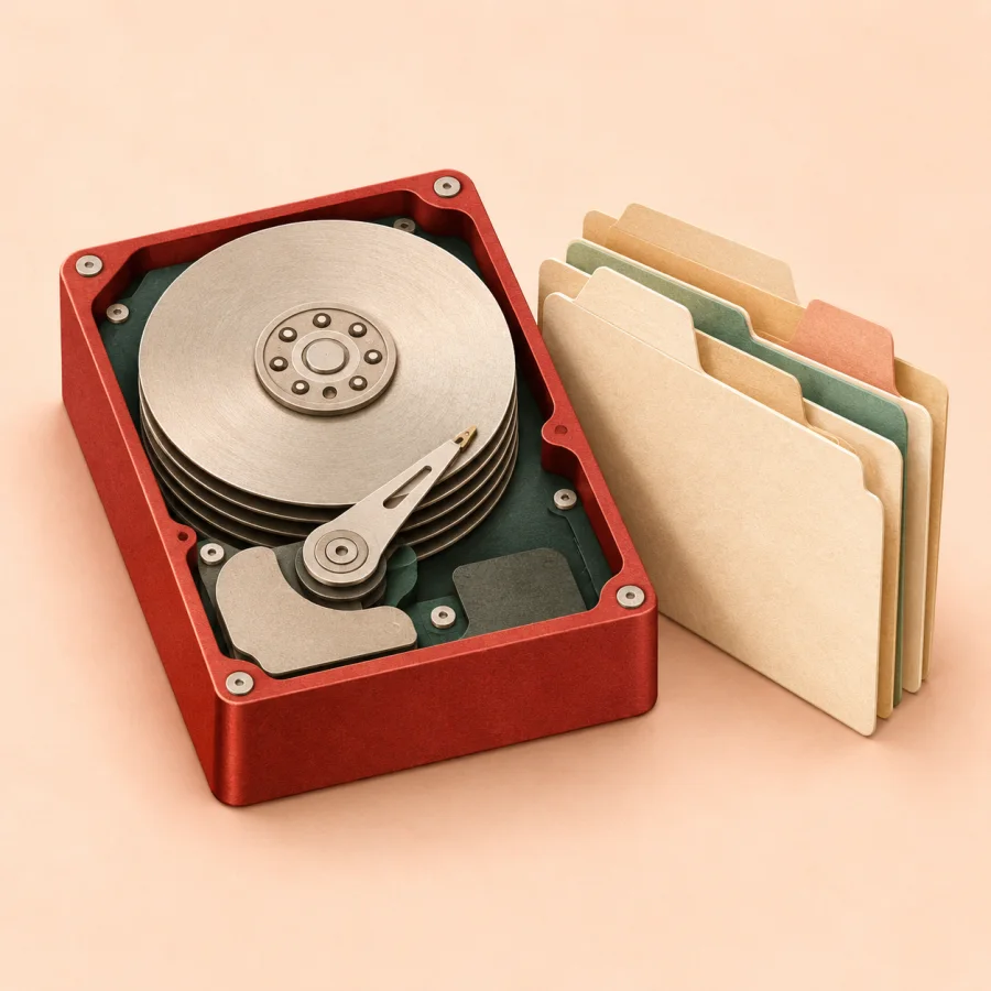 A metal hard disk box beside a stack of file folders