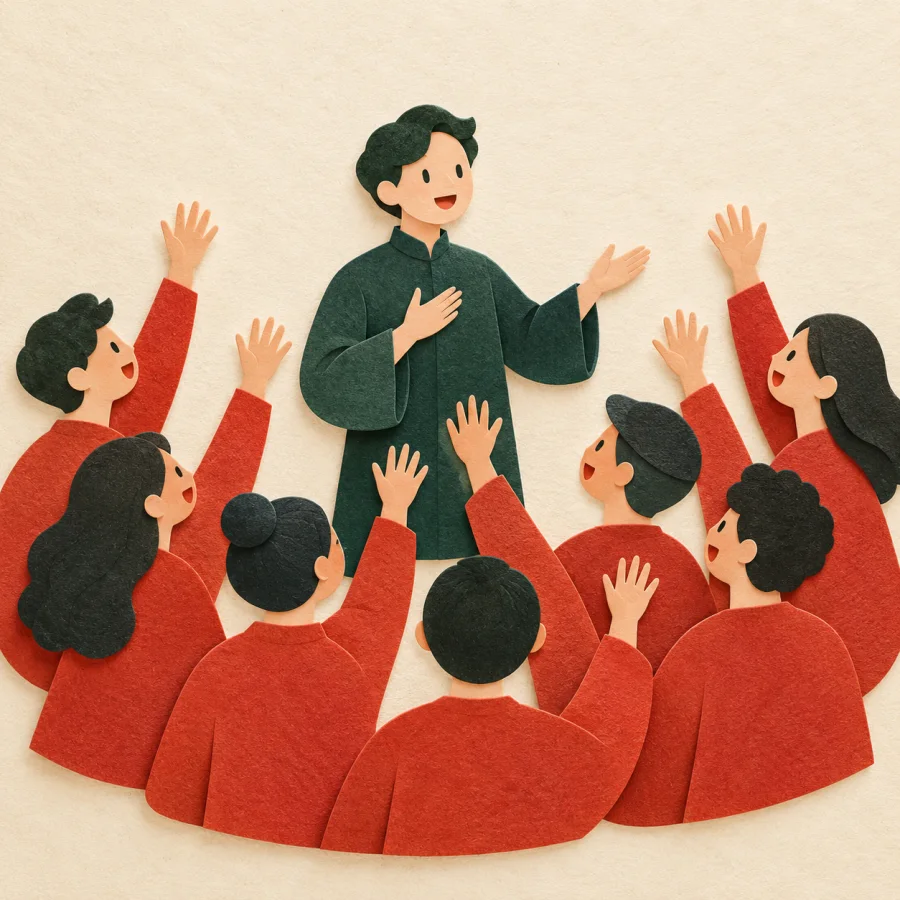 People raising hands in support around a speaker