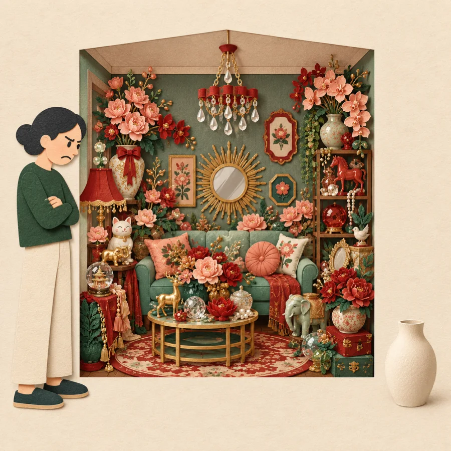 A person frowning at gaudy trinkets filling a room