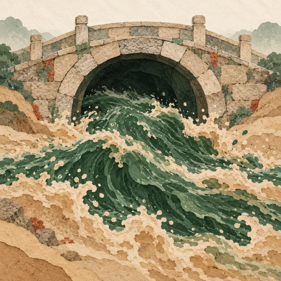 Muddy water bursting out from under a stone bridge