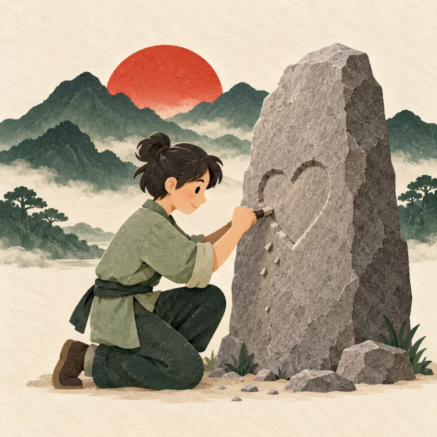 A person carves into a large stone under a red sun