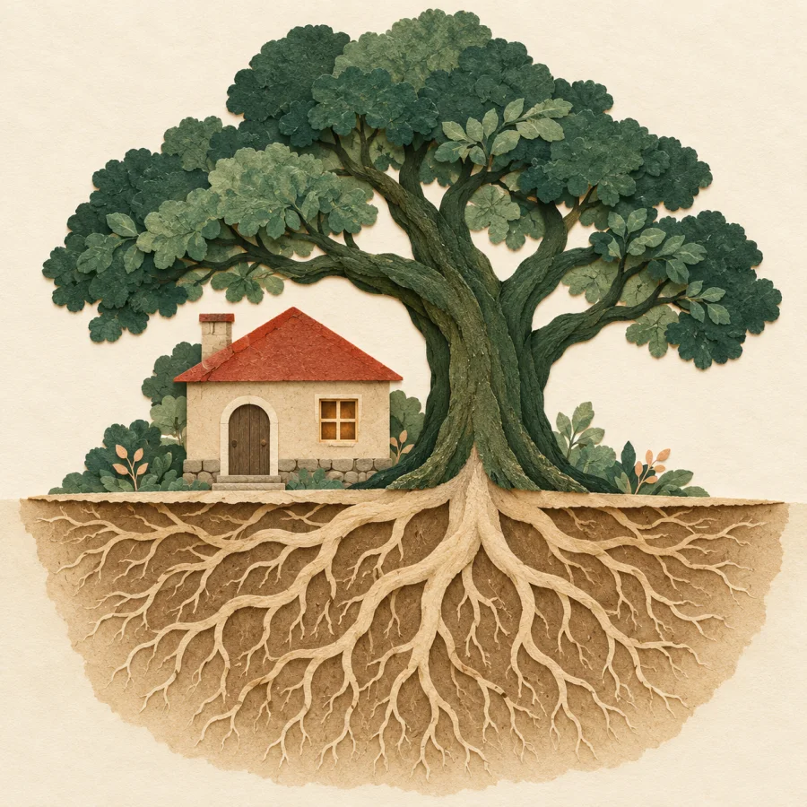 A small house standing beside an old tree