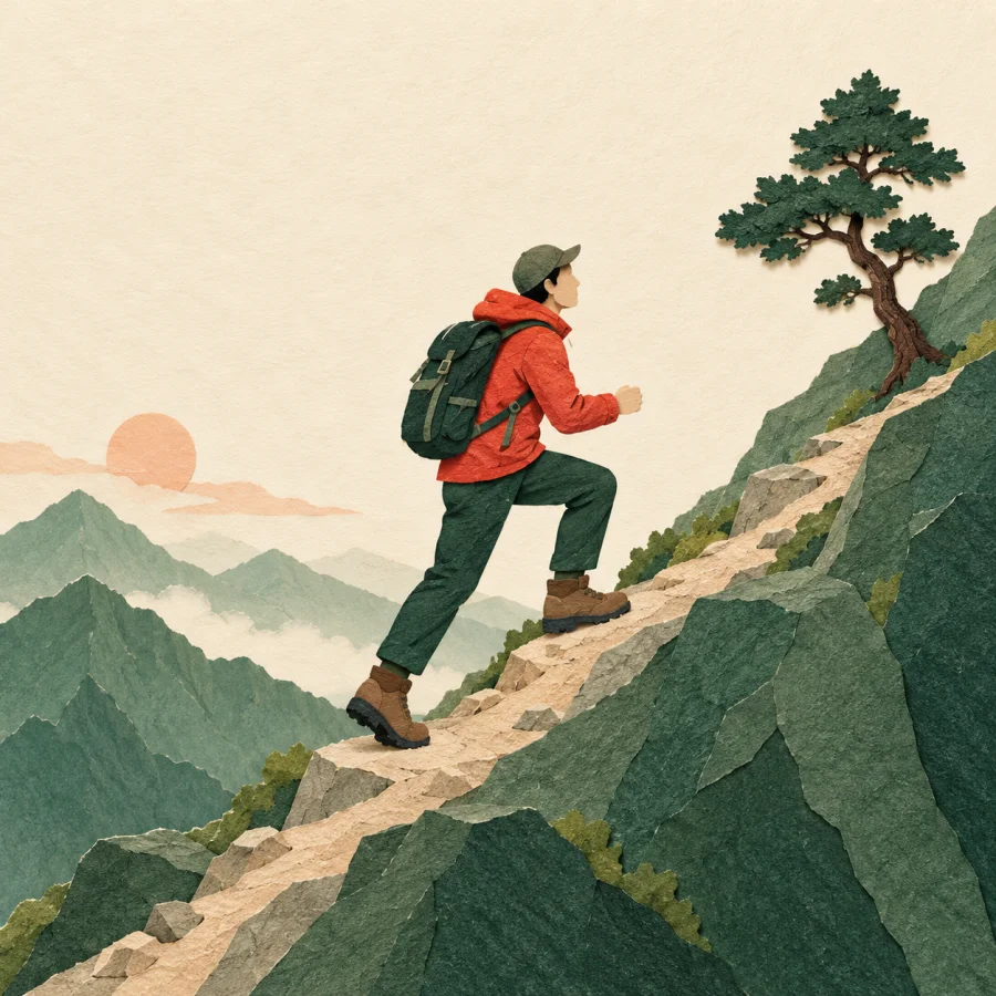 A climber in a red jacket climbs a steep mountain slope