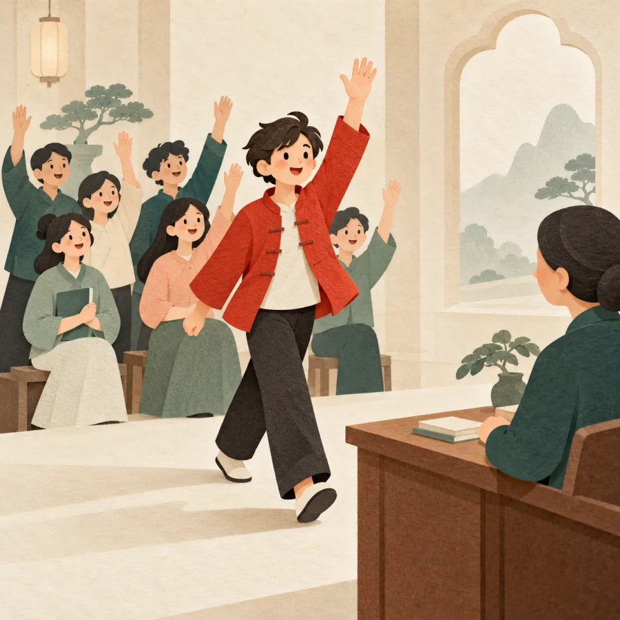 A crowd raises hands eagerly as one person in red steps forward