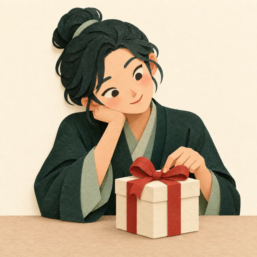 A curious person examines a small gift box with a red ribbon