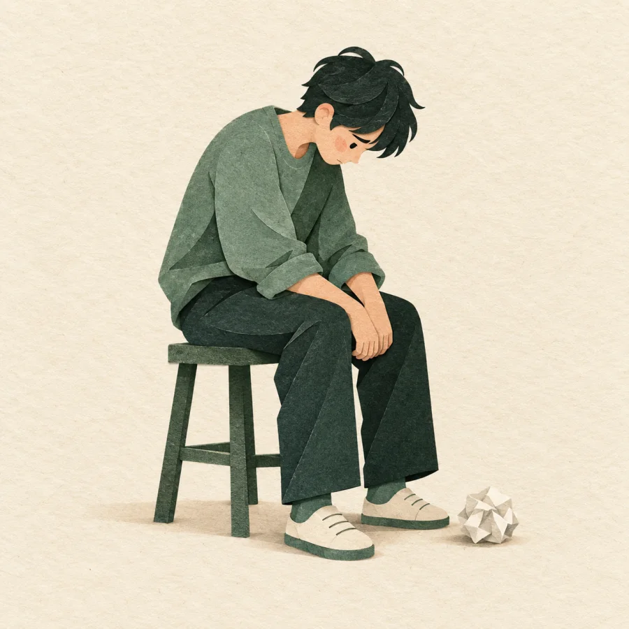 A person sits slumped with head bowed, a crumpled paper nearby