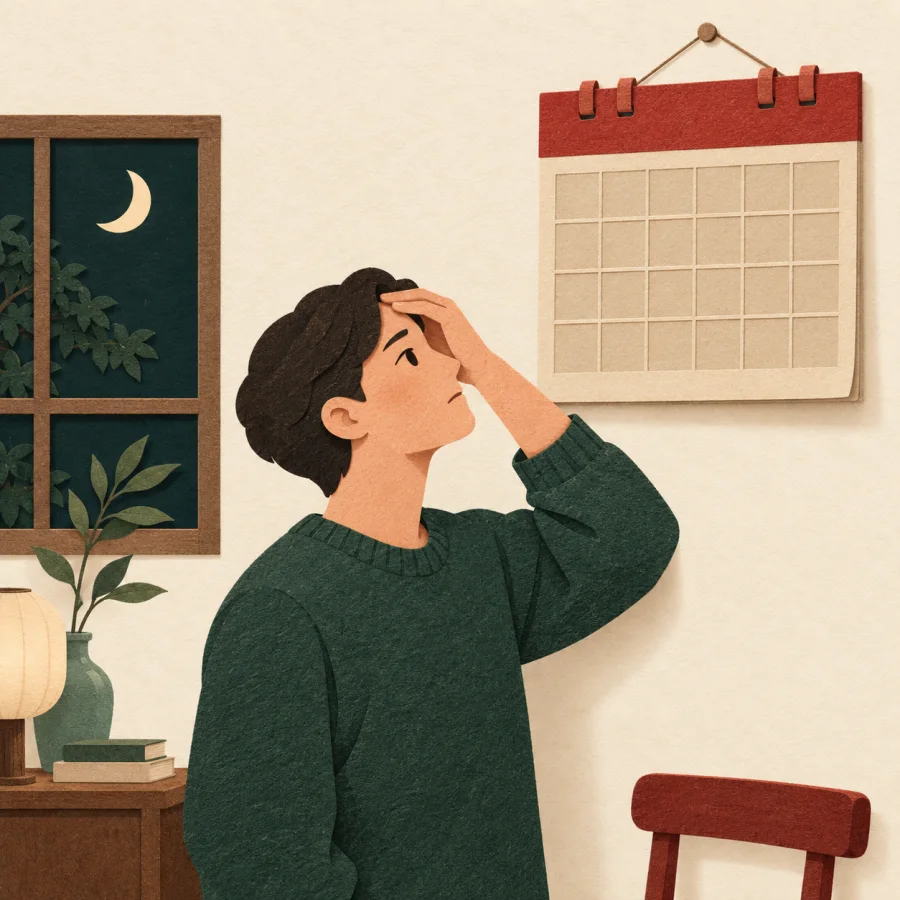 A worried person looks up at a wall calendar