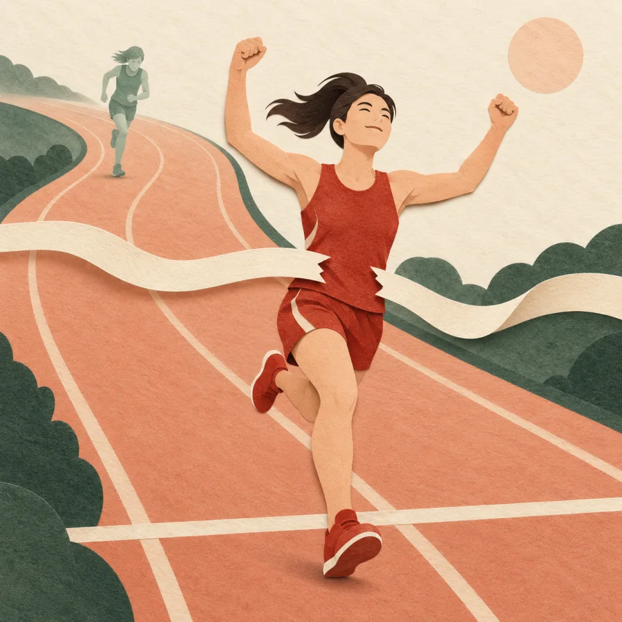 A runner in red outpaces a trailing competitor on a track