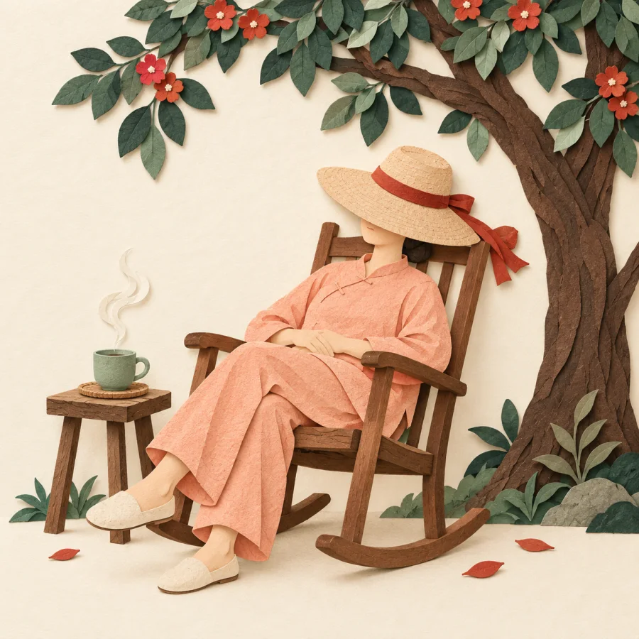 A person lounges in a chair under a tree with a cup of tea