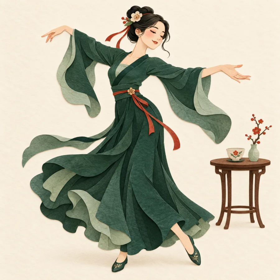 A woman in a long green dress dances gracefully