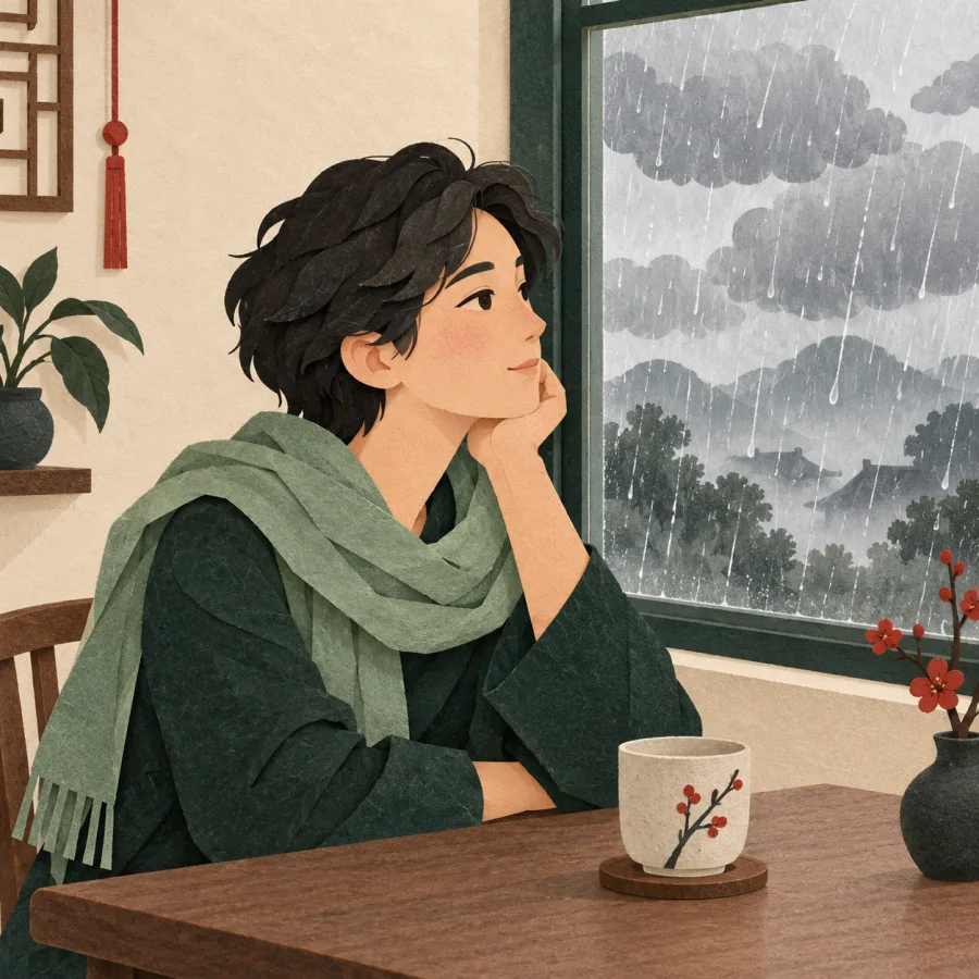 A person sits at a rainy window gazing at grey clouds