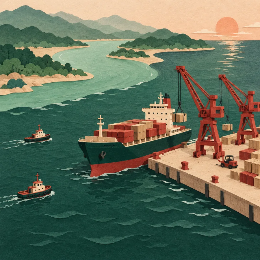 Cranes unload a cargo ship at a port where river meets sea