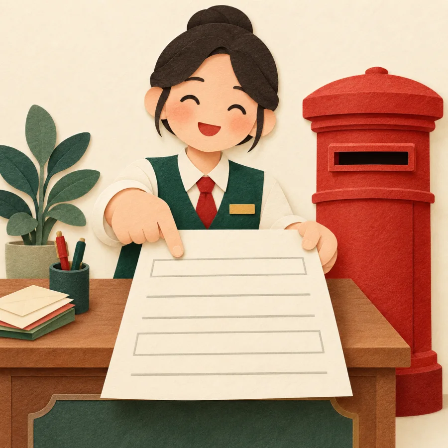 A clerk points at an empty line on a form, a mailbox beside the desk
