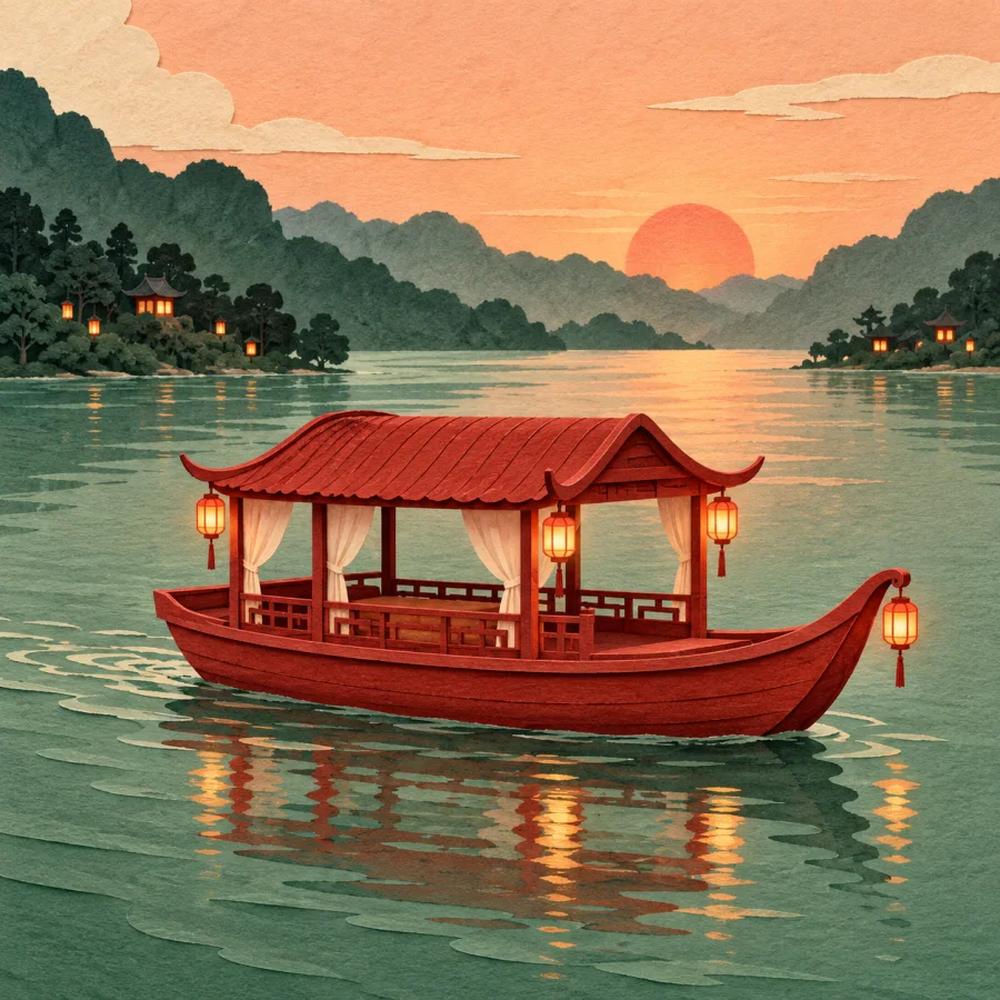 A red excursion boat with lanterns glides down a river at sunset