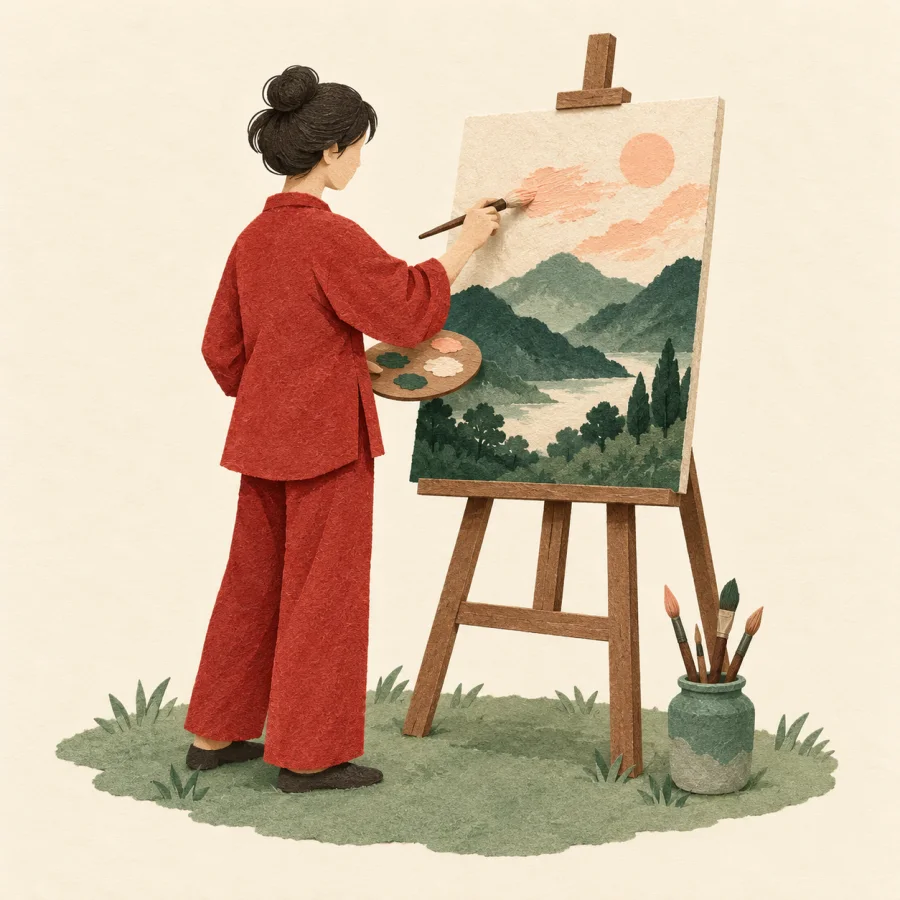 A painter at an easel adds peach strokes to a landscape of green hills