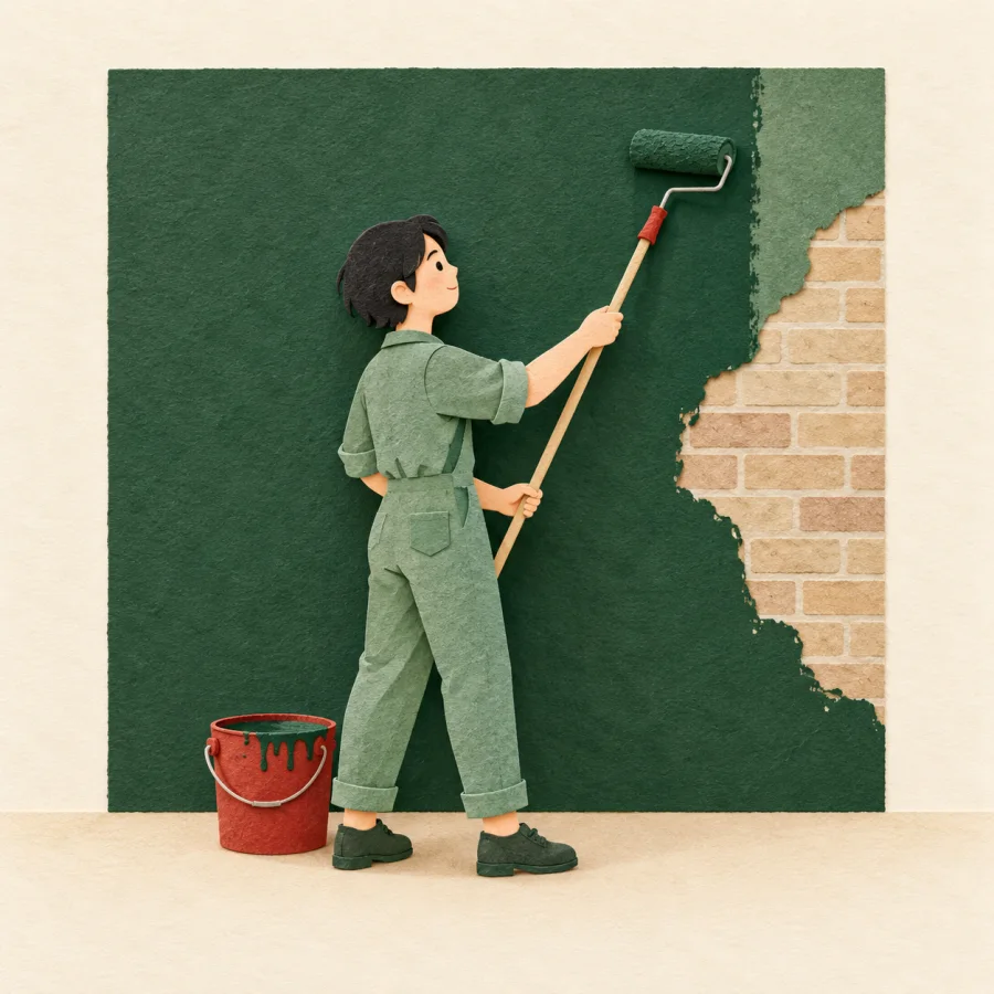 A person paints a wall green with a roller, a red bucket beside them