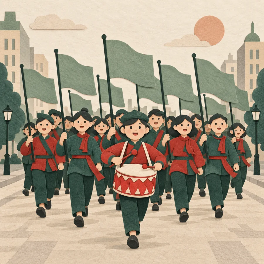 A crowd marching down a street together holding identical flags
