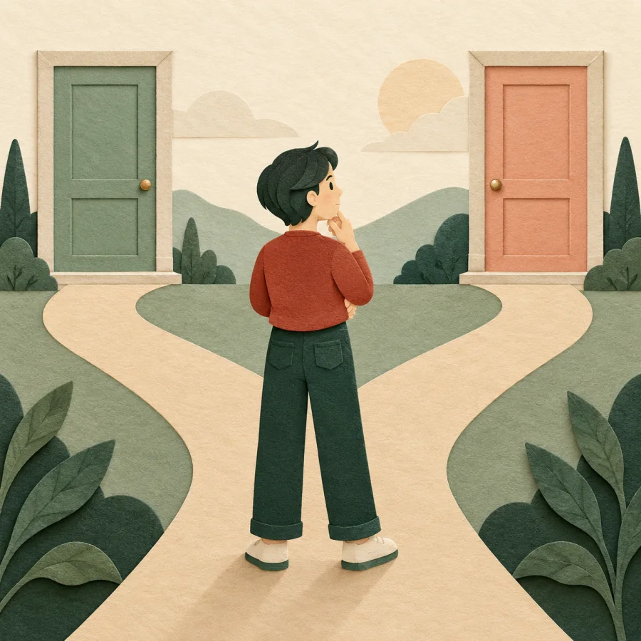 A person standing at a fork between two colored doors, undecided